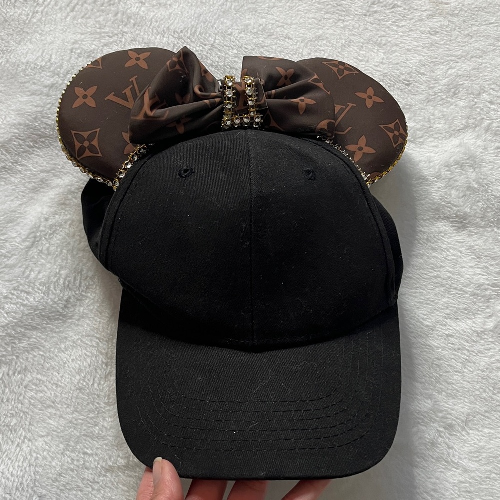 Black Cap with LV Designer style Ears and Bow - Picture 2 of 9